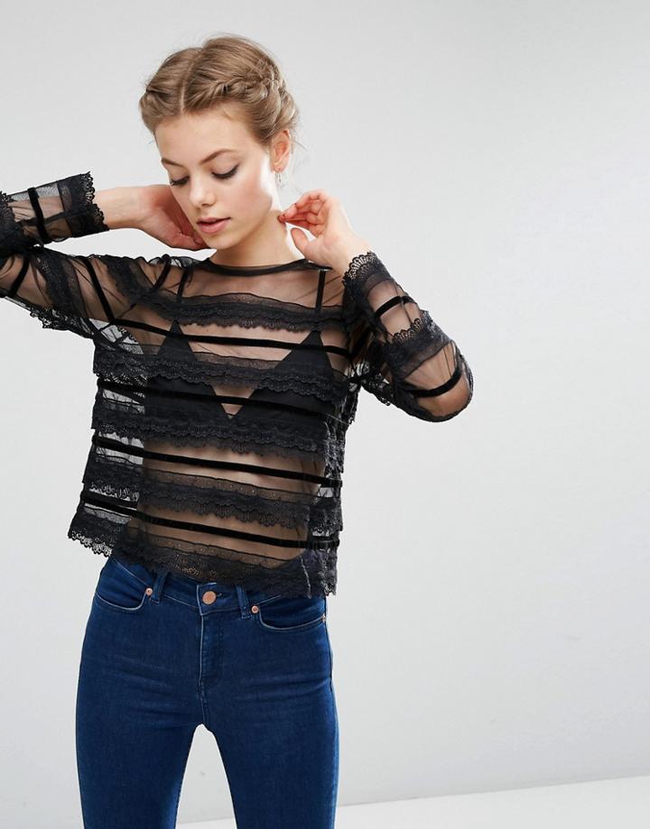 Asos Top With Lace And Velvet Trim - Black