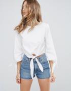 Influence Influence Tie Front And Sleeve Cotton Top - White