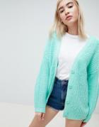Asos Design Oversize Cardigan In Chunky Rib With Buttons - Green