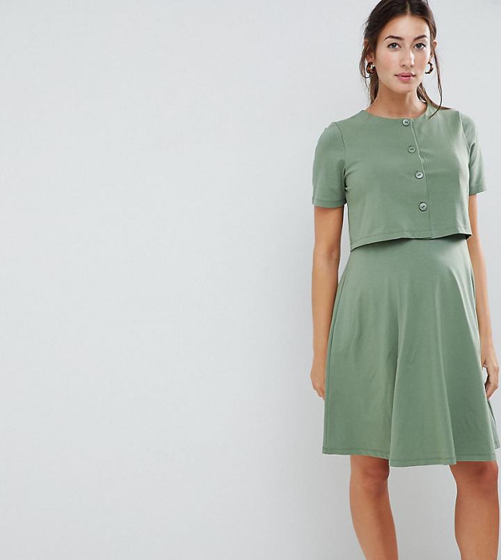 Asos Design Maternity Nursing Double Layer Smock Dress With Buttons - Green