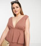 Asos Design Curve Floaty Peplum Beach Top In Brown Seersucker - Part Of A Set