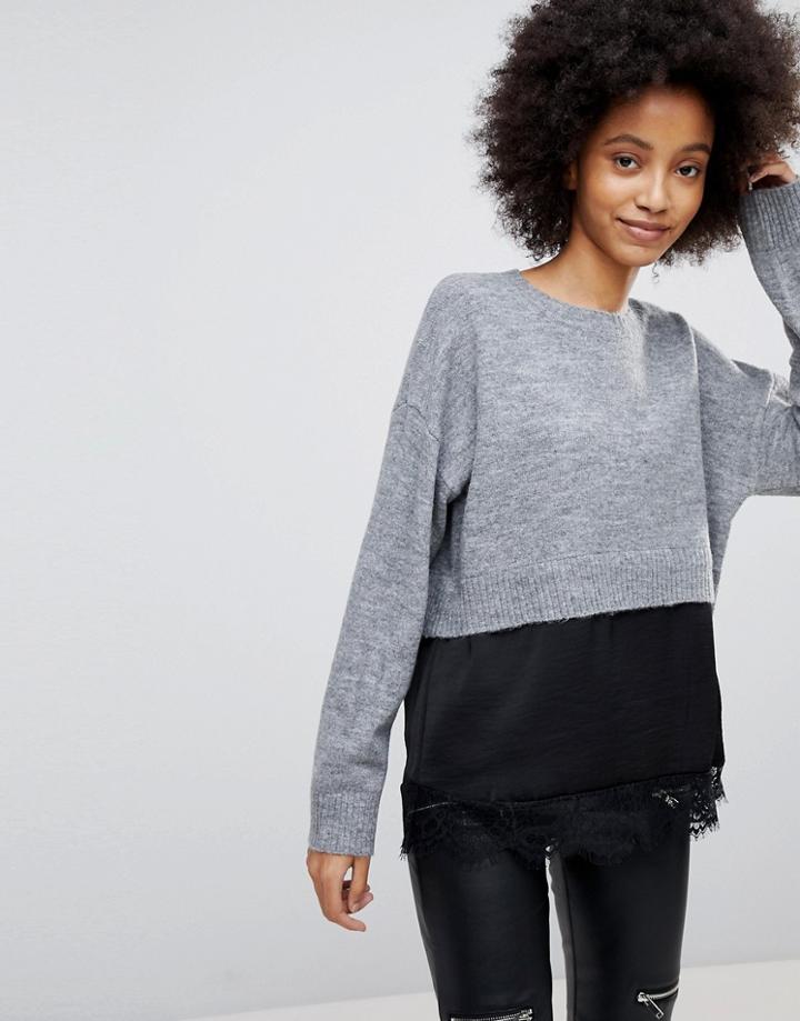 New Look Satin And Lace 2in1 Sweater - Gray