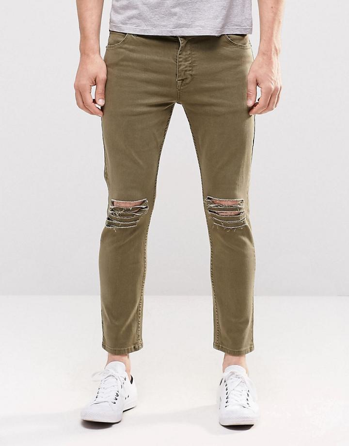 Asos Skinny Cropped Jeans With Extreme Knee Rips In Light Green - Burnt Olive