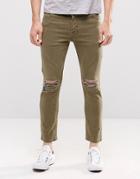 Asos Skinny Cropped Jeans With Extreme Knee Rips In Light Green - Burnt Olive