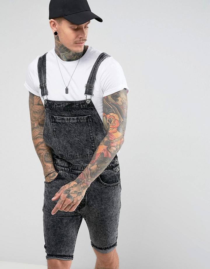 Liquor & Poker 90s Acid Wash Black Short Overall - Black