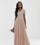 Maya Tall Bridesmaid V Neck Maxi Tulle Dress With Tonal Delicate Sequins In Taupe Blush - Brown