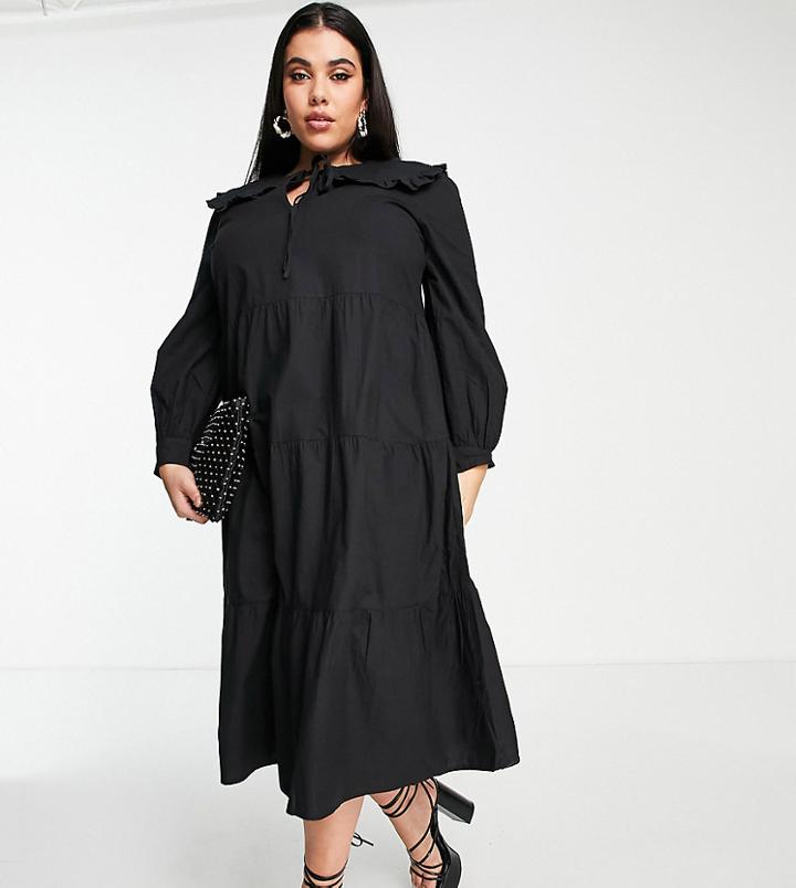Violet Romance Plus Tiered Cotton Midi Dress With Frill Collars In Black