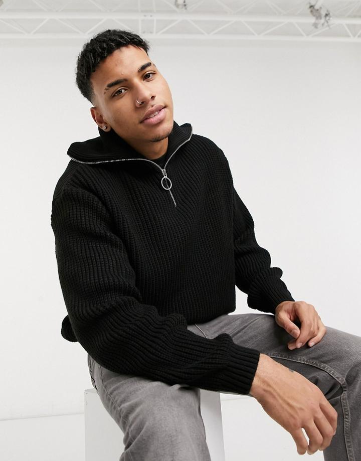 Asos Design Knit Oversized Rib Half Zip Sweater In Ecru-black