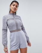 Asos Design Premium Open Back Lace Romper - Purple