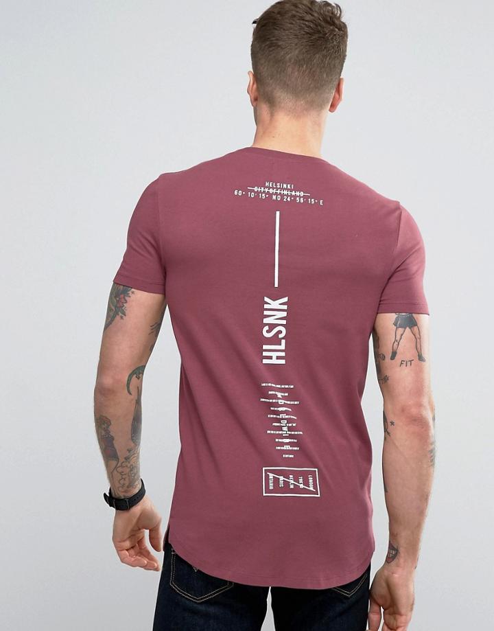 Asos Longline Muscle T-shirt With Curved Hem And Spine Print - Red