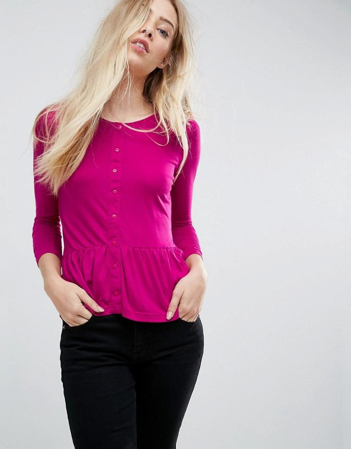 Brave Soul Top With Button Front And Ruffle Hem - Pink