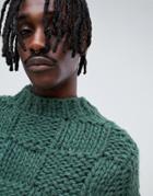 Asos Design Heavyweight Hand Knitted Square Texture Sweater In Green - Green