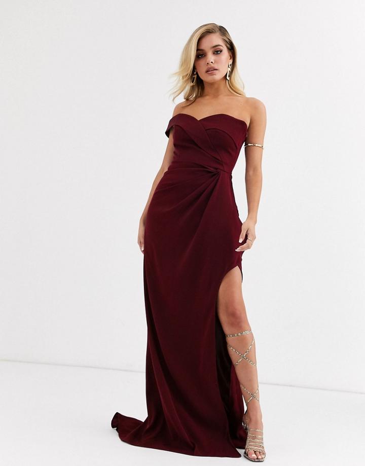 Yaura Bardot Maxi Dress With Thigh Split In Wine-red