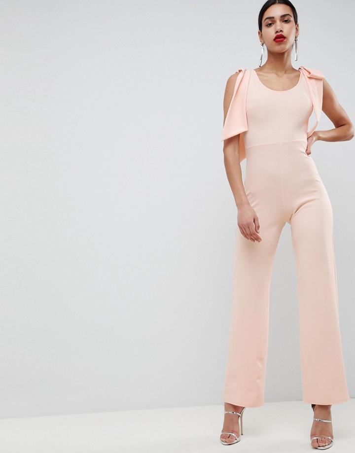 Club L Bow Shoulder Detailed Crepe Jumpsuit - Pink