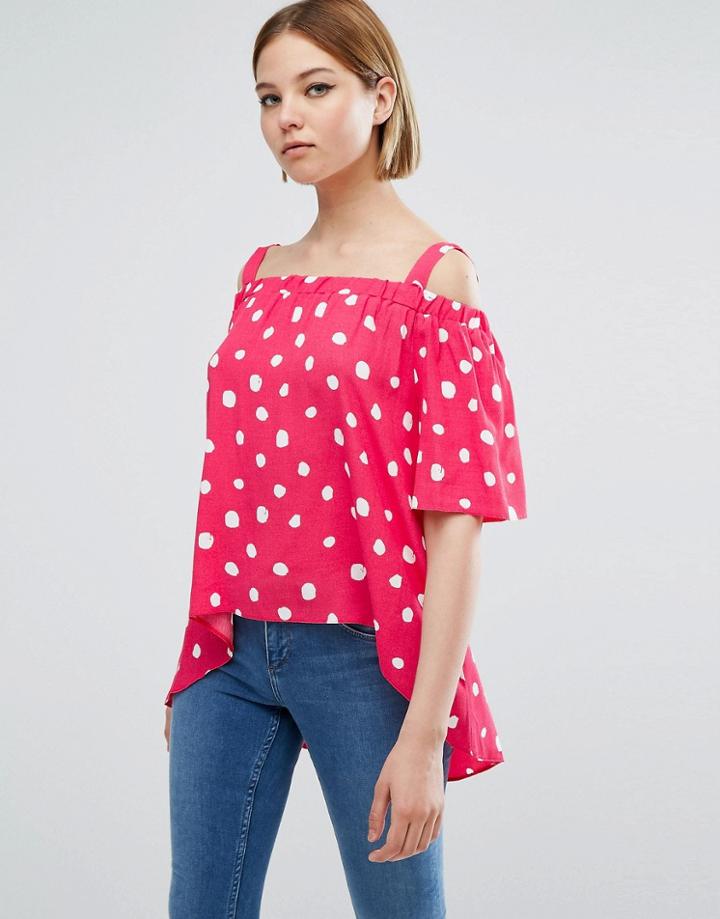 Closet London Cold Shoulder Polka Dot Dip Hem Top - Pink