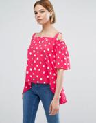 Closet London Cold Shoulder Polka Dot Dip Hem Top - Pink
