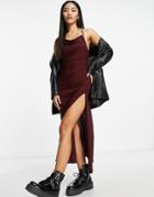 Pull & Bear Satin Asymmetric Midi Dress With Side Split In Burgundy-red