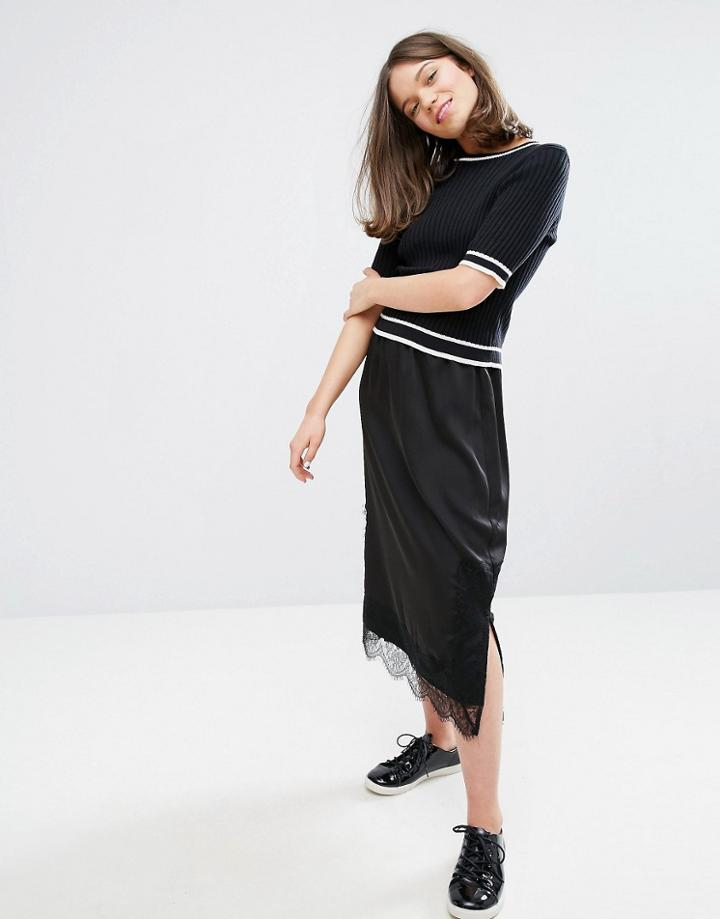 Monki Lace Trim Midi Skirt - Black