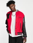 Asos Design Oversized Varsity Bomber Jacket In Red With Black Faux Leather Sleeves-pink