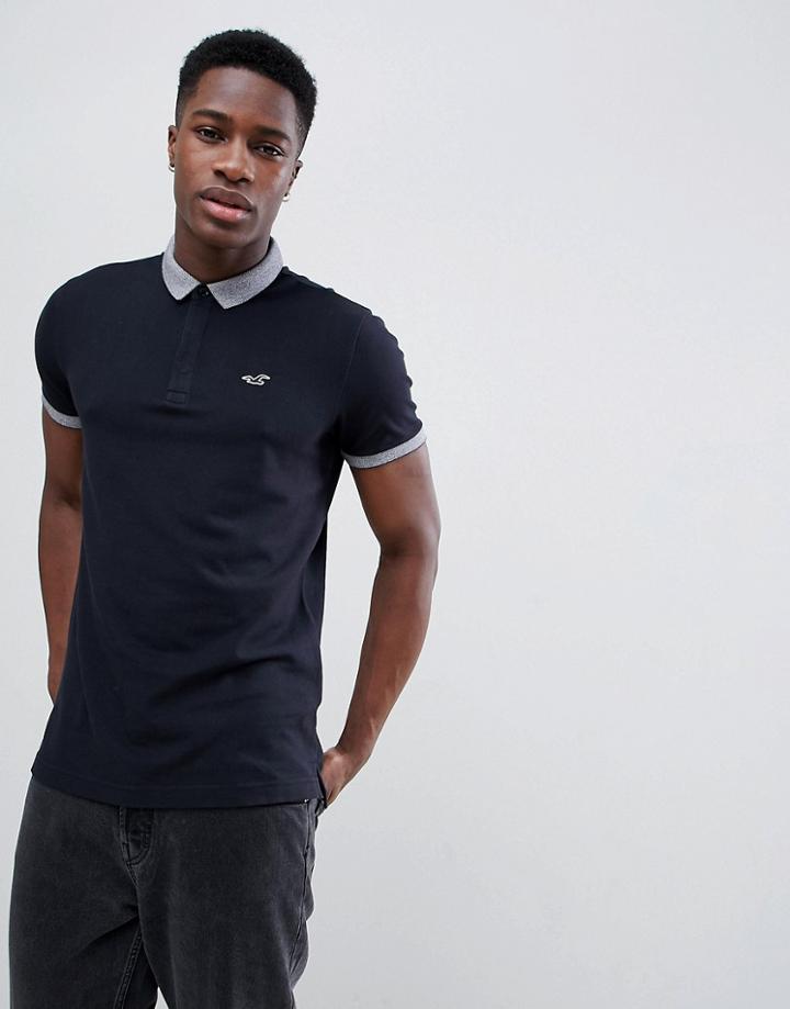 Hollister Modern Tonal Collar Seagull Logo Pique Polo In Black - Black