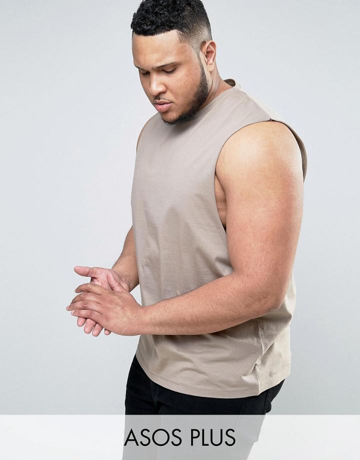 Asos Plus Sleeveless T-shirt With Dropped Armhole In Beige - Brown