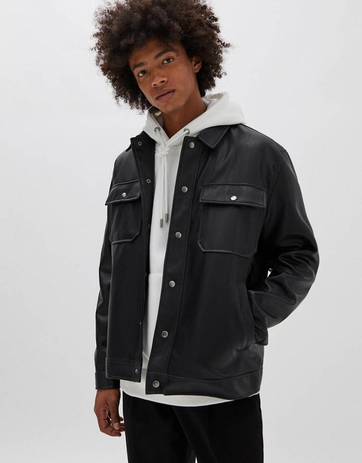 Pull & Bear Faux Leather Trucker Jacket In Black