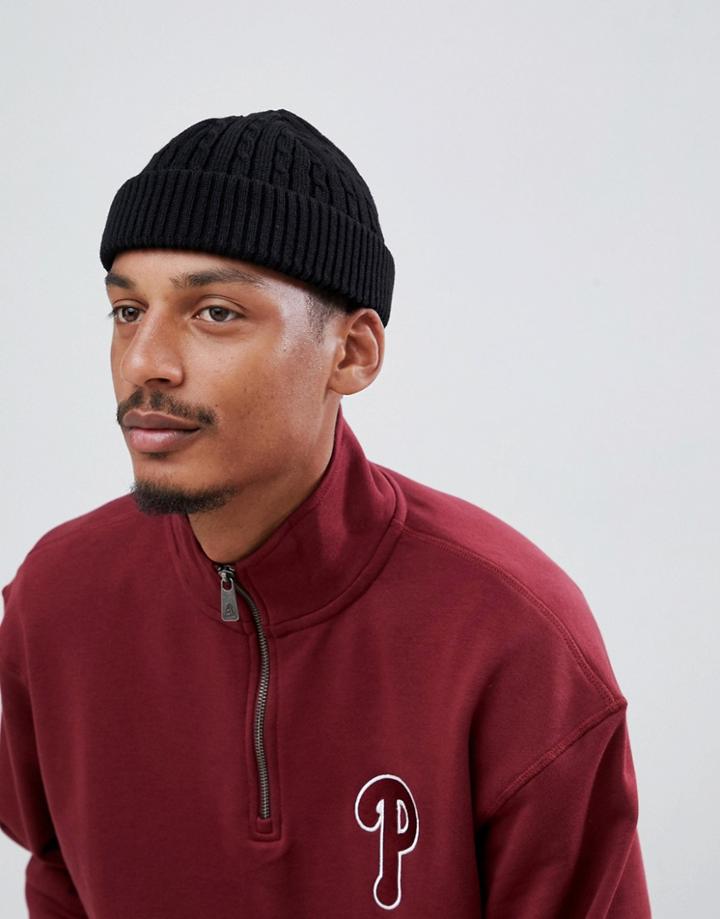 Asos Design Mini Fisherman Beanie In Black Cable Knit - Black