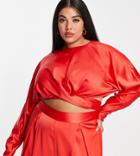 Asos Design Curve Tie Wrap Front Top With Long Sleeves - Part Of A Set-red