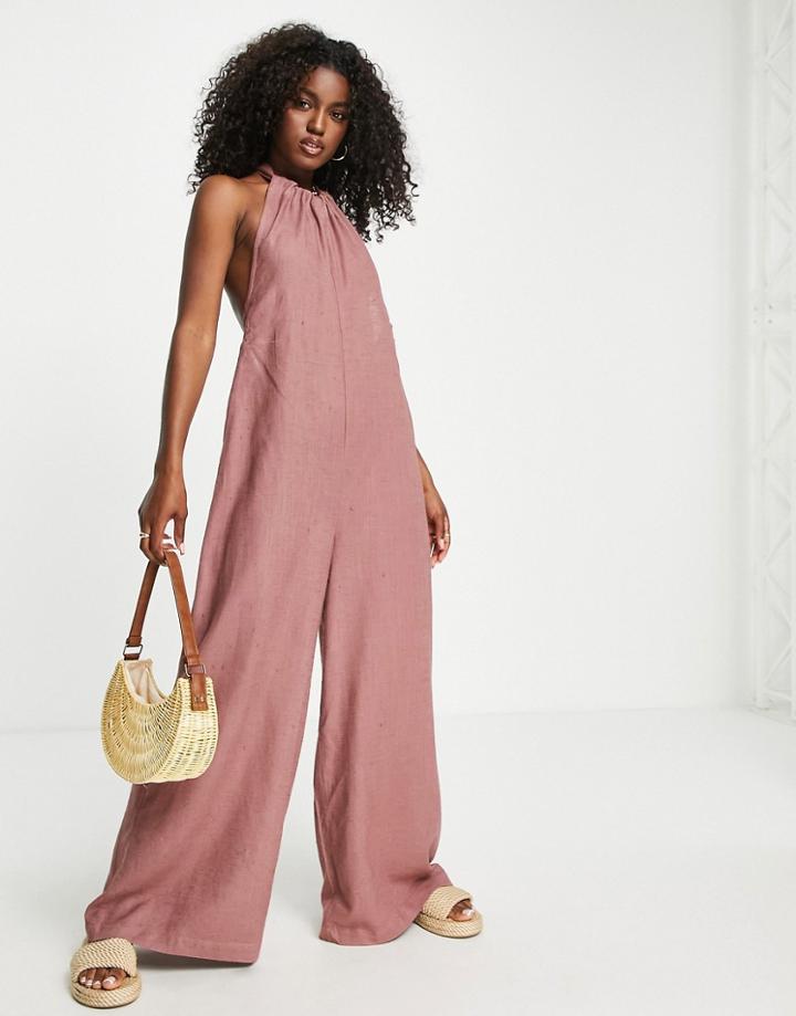 Asos Design Linen Halter Neck Smock Jumpsuit In Plum-purple