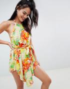 Asos Design High Neck Hanky Hem Beach Dress In Tropical Print - Multi