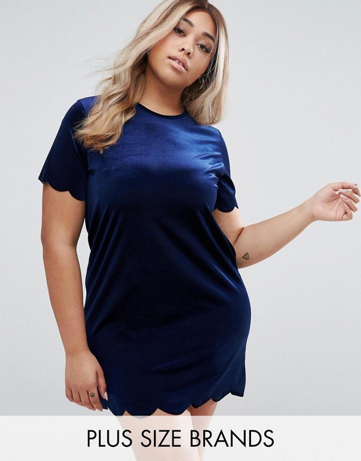 Daisy Street Plus Velvet Dress With Scallop Hem - Navy