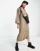Selected Femme Merino Wool Knitted Midi Dress With Balloon Sleeve In Beige Melange-white