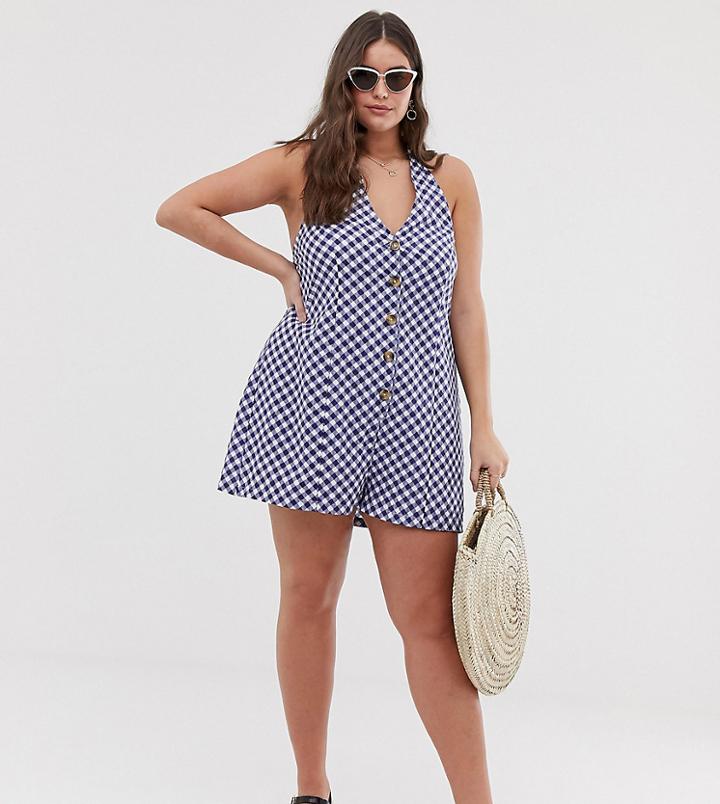 Asos Design Curve Halter Romper With Button Detail In Self Stripe - Multi