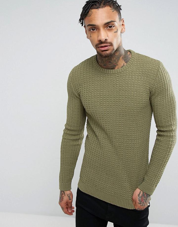 Asos Muscle Fit Textured Sweater In Khaki - Green