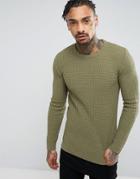 Asos Muscle Fit Textured Sweater In Khaki - Green