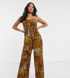 Missguided Petite Wide Leg Jumpsuit With Lace Up Detail In Leopard-multi