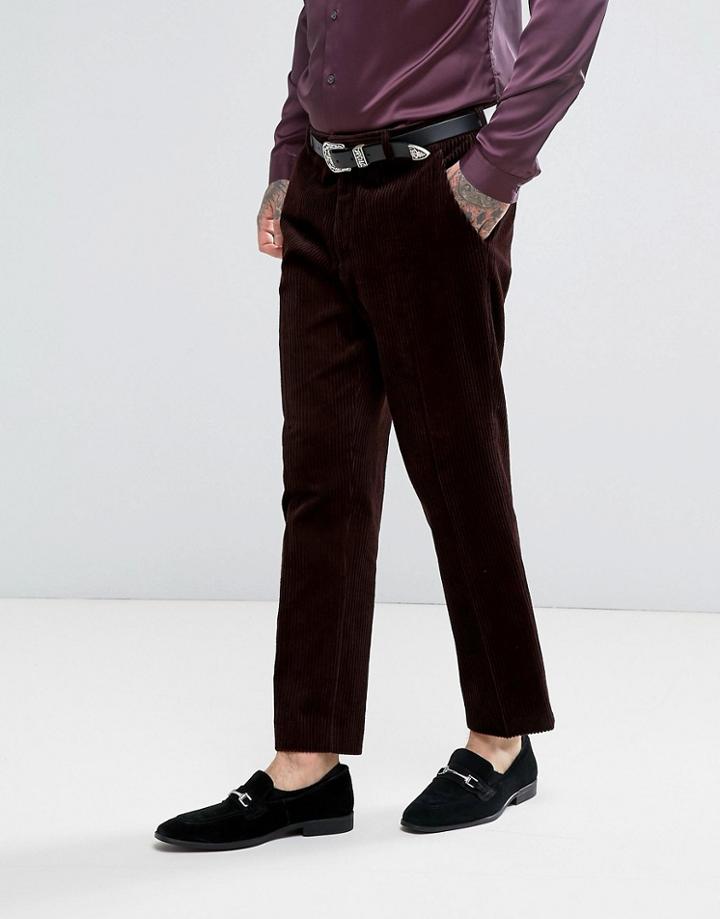 Asos Slim Cropped Suit Pants In Chocolate Brown Chunky Cord - Red
