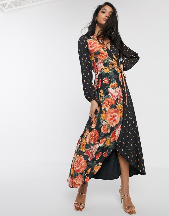 Style Cheat Wrap Front Contrast Floral Maxi Dress In Multi Floral-green
