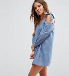 Asos Petite Cold Shoulder Swing Shift Mini Dress With Bow Detail - Blue