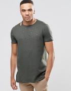 Asos Super Longline T-shirt With Heavy Distress And Circle Hem With Raw Edge - Forest Night