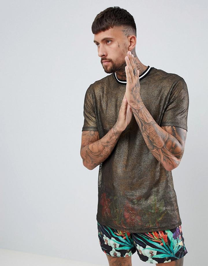 Asos Design Festival Oversized Longline T-shirt In Gold Mesh - Gold