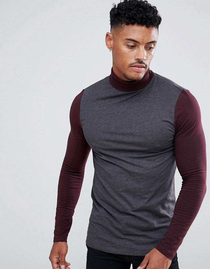 Asos Long Sleeve Muscle Fit T-shirt With Contrast Sleeve And Neck - Multi