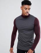 Asos Long Sleeve Muscle Fit T-shirt With Contrast Sleeve And Neck - Multi