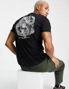 Asos Design T-shirt In Black With Dragon Back Print And Curved Hem