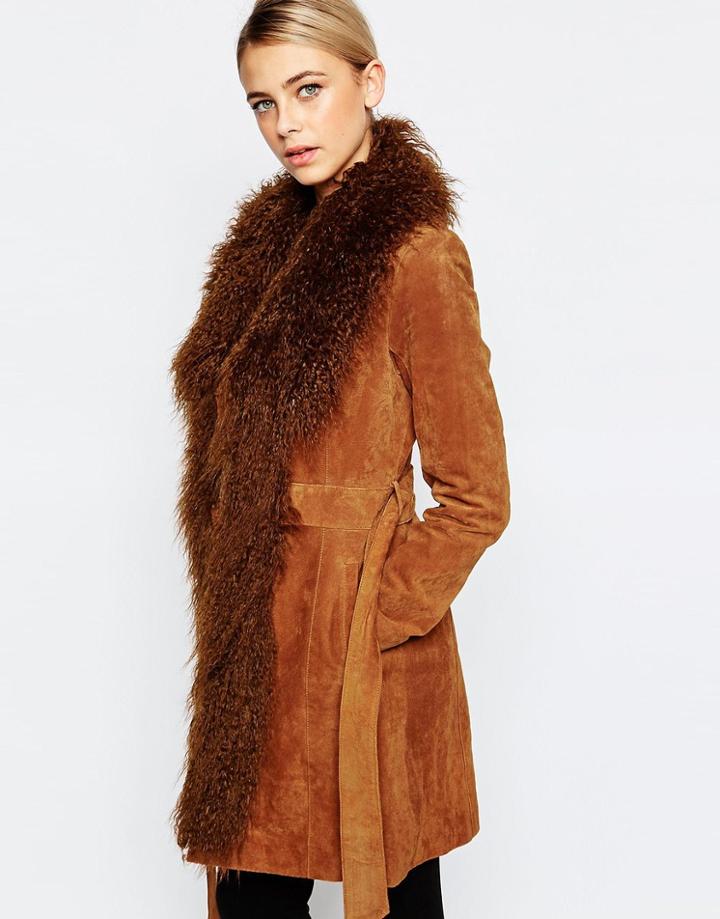 Oasis Mongolian Trim Real Suede Leather Coat - Tan