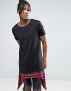Asos Extreme Longline T-shirt With Shredded Check Navy And Red Hem Extender - Black
