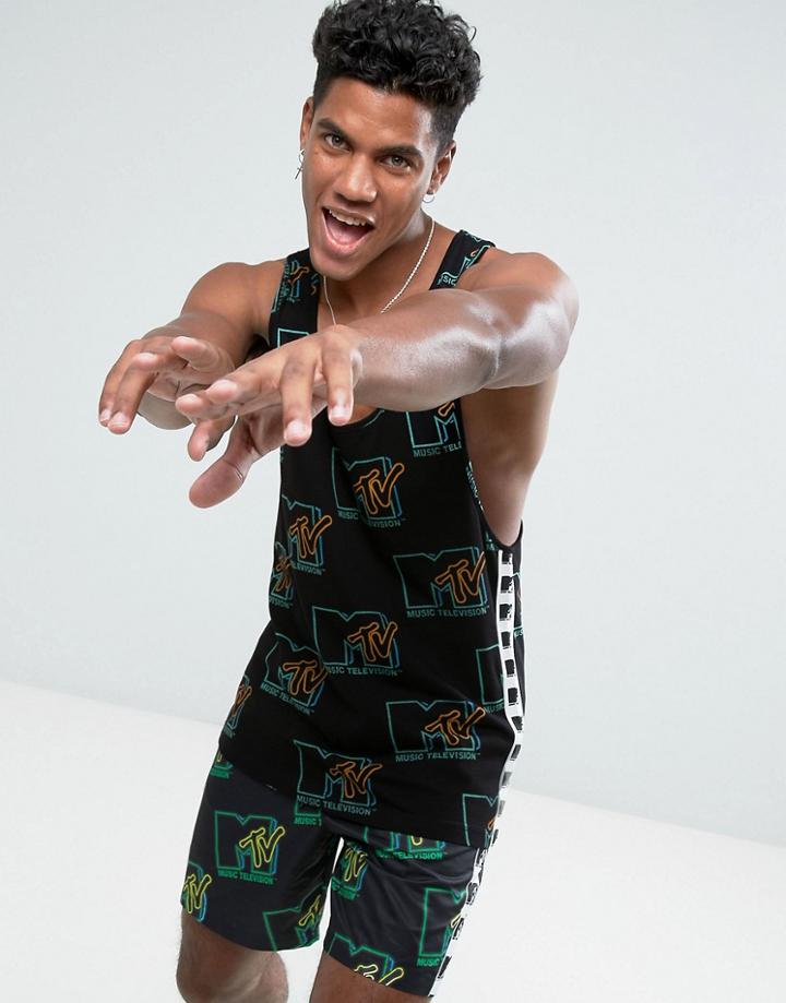 Asos X Mtv Extreme Racer Back Tank With All Over Mtv Print - Black