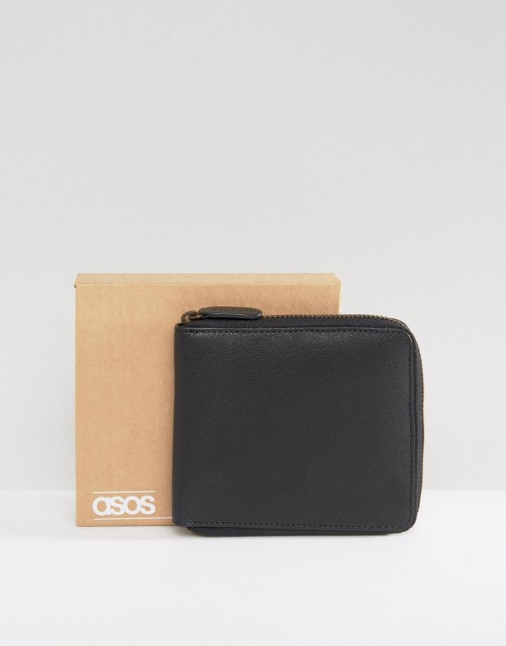 Asos Leather Oversized Zip Around Wallet In Black - Black