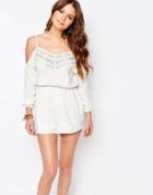New Look Lace Trim Cold Shoulder Romper - Cream