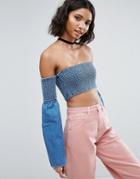 Asos Denim Crop Top With Fluted Sleeve And Lace Up Back - Blue